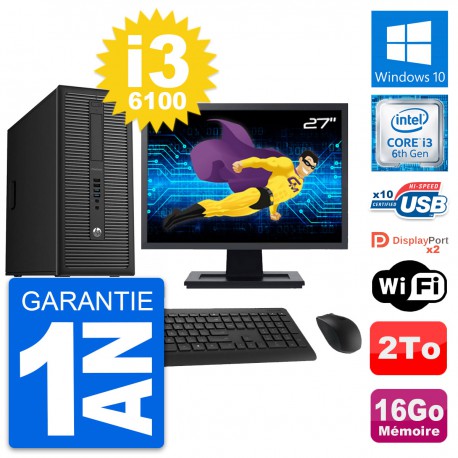 PC Tour HP 800 G2 Ecran 27" Intel i3-6100 RAM 16Go Disque Dur 2To Windows 10 Wifi