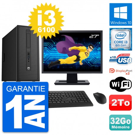 PC Tour HP 800 G2 Ecran 27" Intel i3-6100 RAM 32Go Disque Dur 2To Windows 10 Wifi