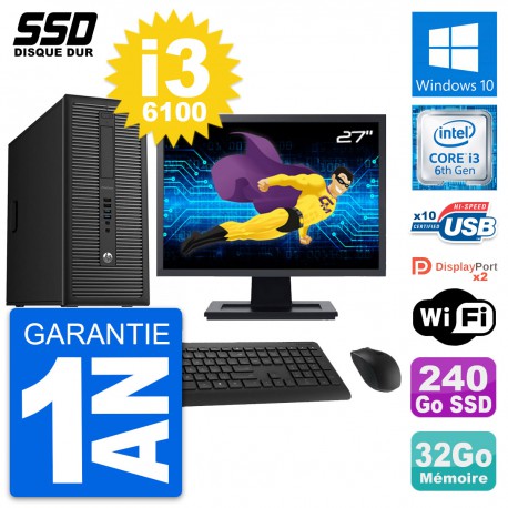 PC Tour HP EliteDesk 800 G2 Ecran 27" i3-6100 RAM 32Go SSD 240Go Windows 10 Wifi