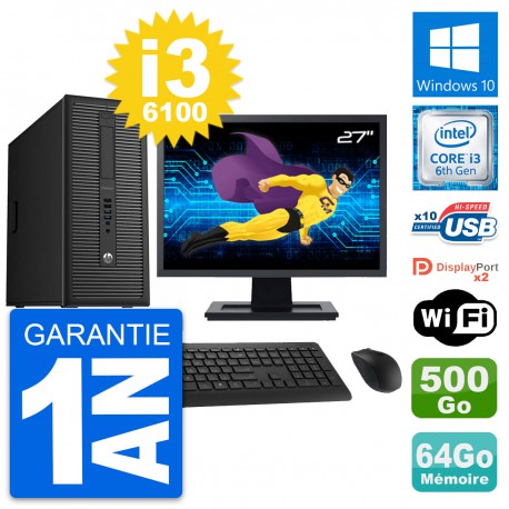 PC Tour HP 800 G2 Ecran 27" Intel i3-6100 RAM 64Go Disque 500Go Windows 10 Wifi