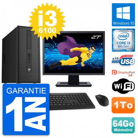 PC Tour HP 800 G2 Ecran 27" Intel i3-6100 RAM 64Go Disque Dur 1To Windows 10 Wifi