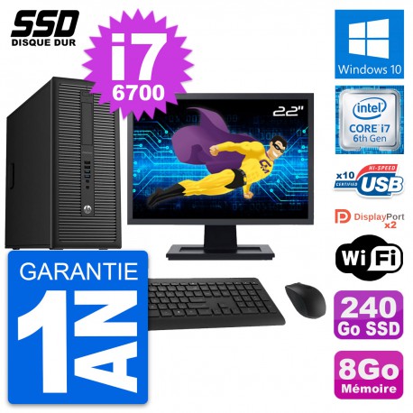 PC Tour HP EliteDesk 800 G2 Ecran 22" i7-6700 RAM 8Go SSD 240Go Windows 10 Wifi