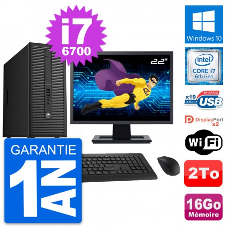 PC Tour HP 800 G2 Ecran 22" Intel i7-6700 RAM 16Go Disque Dur 2To Windows 10 Wifi