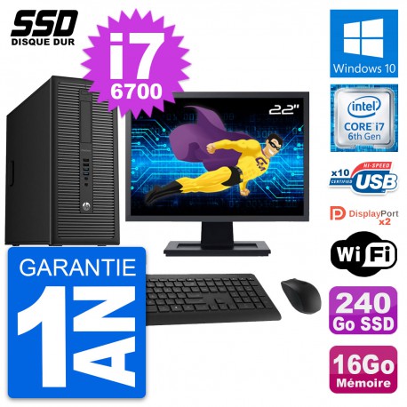 PC Tour HP EliteDesk 800 G2 Ecran 22" i7-6700 RAM 16Go SSD 240Go Windows 10 Wifi