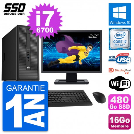 PC Tour HP EliteDesk 800 G2 Ecran 22" i7-6700 RAM 16Go SSD 480Go Windows 10 Wifi