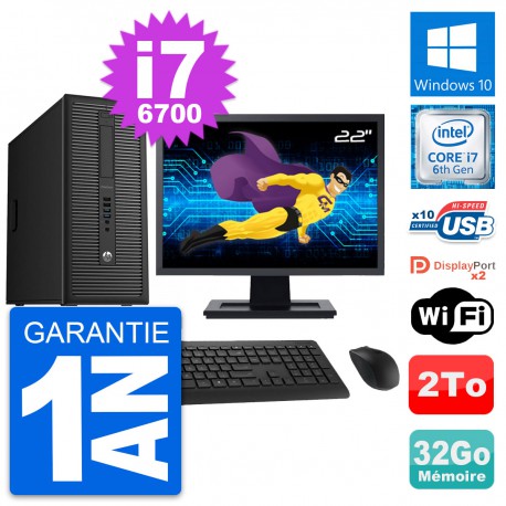 PC Tour HP 800 G2 Ecran 22" Intel i7-6700 RAM 32Go Disque Dur 2To Windows 10 Wifi