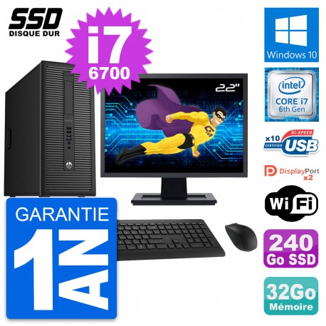 PC Tour HP EliteDesk 800 G2 Ecran 22" i7-6700 RAM 32Go SSD 240Go Windows 10 Wifi