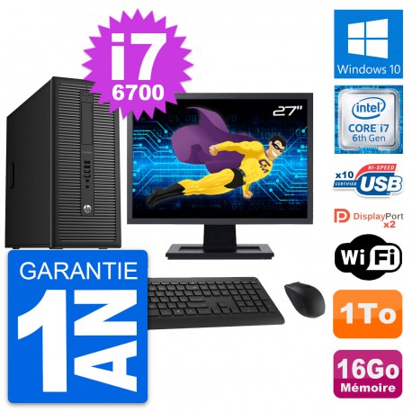PC Tour HP 800 G2 Ecran 27" Intel i7-6700 RAM 16Go Disque Dur 1To Windows 10 Wifi