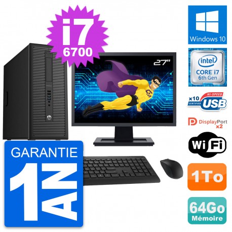 PC Tour HP 800 G2 Ecran 27" Intel i7-6700 RAM 64Go Disque Dur 1To Windows 10 Wifi
