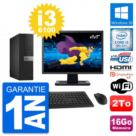 PC Dell 5040 SFF Ecran 22" Core i3-6100 RAM 16Go Disque 2To HDMI Windows 10 Wifi