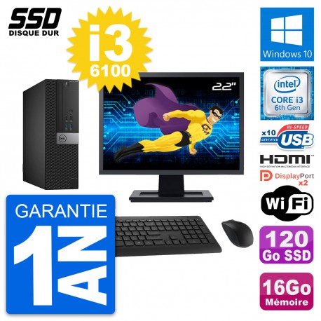 PC Dell 5040 SFF Ecran 22" Intel i3-6100 RAM 16Go SSD 120Go HDMI Windows 10 Wifi