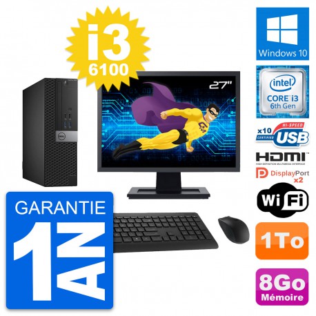 PC Dell 5040 SFF Ecran 27" Intel i3-6100 RAM 8Go Disque 1To HDMI Windows 10 Wifi