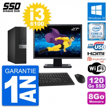 PC Dell 5040 SFF Ecran 27" Intel i3-6100 RAM 8Go SSD 120Go HDMI Windows 10 Wifi
