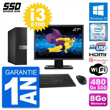 PC Dell 5040 SFF Ecran 27" Intel i3-6100 RAM 8Go SSD 480Go HDMI Windows 10 Wifi