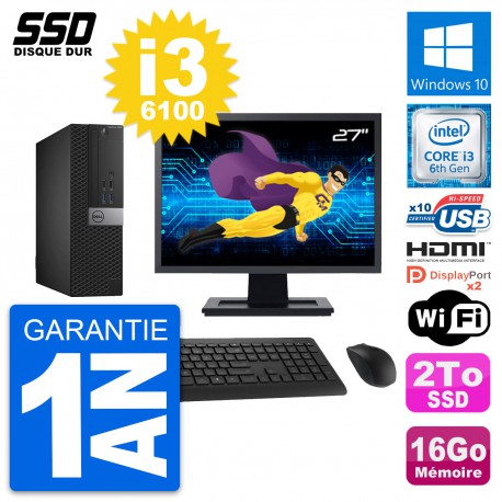 PC Dell 5040 SFF Ecran 27" Intel i3-6100 RAM 16Go SSD 2To HDMI Windows 10 Wifi