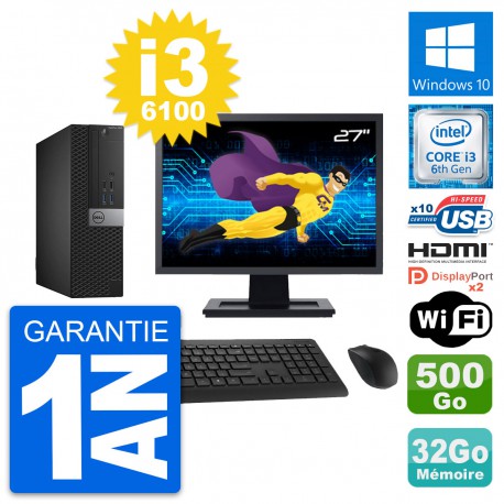 PC Dell 5040 SFF Ecran 27" i3-6100 RAM 32Go Disque 500Go HDMI Windows 10 Wifi