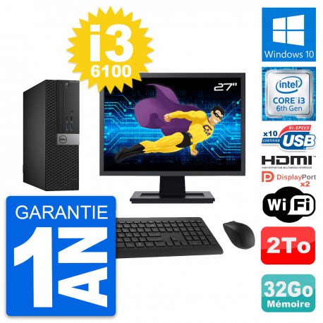 PC Dell 5040 SFF Ecran 27" Core i3-6100 RAM 32Go Disque 2To HDMI Windows 10 Wifi