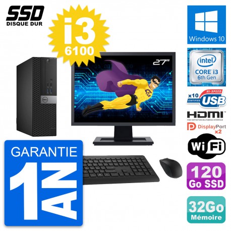 PC Dell 5040 SFF Ecran 27" Intel i3-6100 RAM 32Go SSD 120Go HDMI Windows 10 Wifi