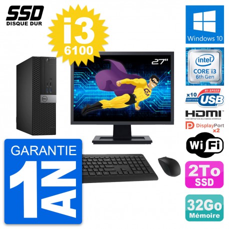 PC Dell 5040 SFF Ecran 27" Intel i3-6100 RAM 32Go SSD 2To HDMI Windows 10 Wifi