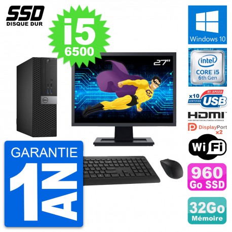 PC Dell 5040 SFF Ecran 27" Intel i5-6500 RAM 32Go SSD 960Go HDMI Windows 10 Wifi