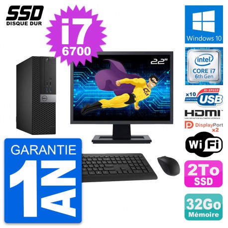 PC Dell 5040 SFF Ecran 22" Intel i7-6700 RAM 32Go SSD 2To HDMI Windows 10 Wifi