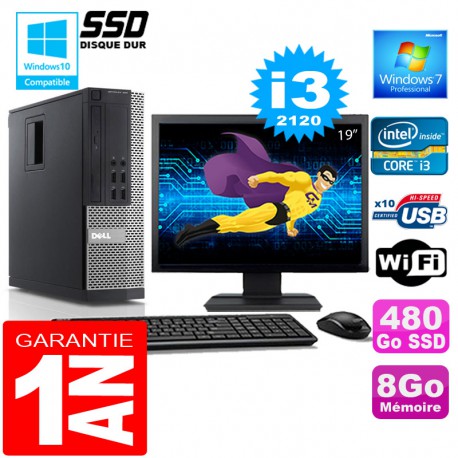 PC DELL 990 SFF Core I3-2120 Ram 8Go Disque 480 Go SSD Wifi W7 Ecran 19"