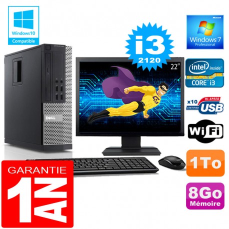 PC DELL 990 SFF Core I3-2120 Ram 8Go Disque 1 To Wifi W7 Ecran 22"