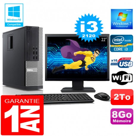 PC DELL 990 SFF Core I3-2120 Ram 8Go Disque 2 To Wifi W7 Ecran 22"
