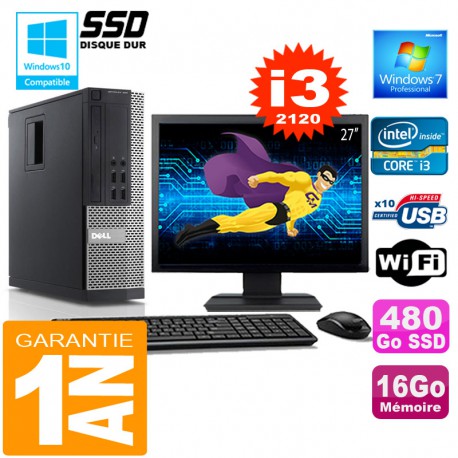 PC DELL 990 SFF Core I3-2120 Ram 16Go Disque 480 Go SSD Wifi W7 Ecran 27"
