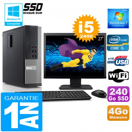 PC DELL 990 SFF Core I5-2400 Ram 4Go Disque 240 Go SSD Wifi W7 Ecran 27"