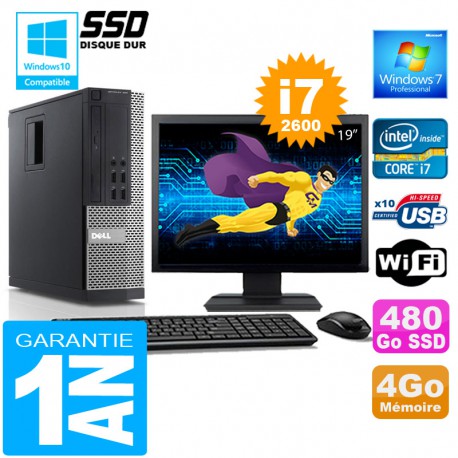 PC DELL 990 SFF Core I7-2600 Ram 4Go Disque 480 Go SSD Wifi W7 Ecran 19"