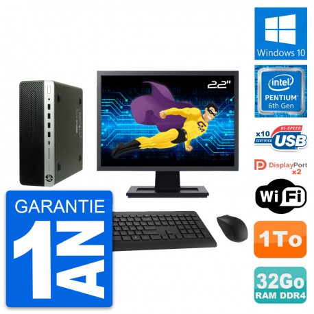 PC HP 600 G3 SFF Ecran 22" Intel G4400 RAM 32Go Disque Dur 1To Windows 10 Wifi