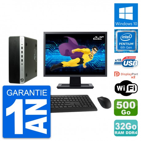 PC HP 600 G3 SFF Ecran 22" Intel G4400 RAM 32Go Disque Dur 500Go Windows 10 Wifi