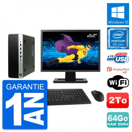 PC HP 600 G3 SFF Ecran 22" Intel G4400 RAM 64Go Disque Dur 2To Windows 10 Wifi