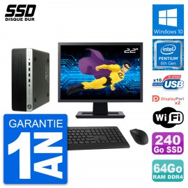 PC HP ProDesk 600 G3 SFF Ecran 22" G4400 RAM 64Go SSD 240Go Windows 10 Wifi