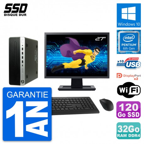 PC HP ProDesk 600 G3 SFF Ecran 27" G4400 RAM 32Go SSD 120Go Windows 10 Wifi