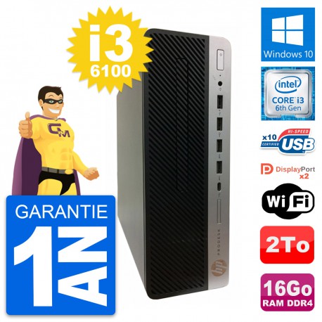 PC HP ProDesk 600 G3 SFF Intel i3-6100 RAM 16Go Disque Dur 2To Windows 10 Wifi