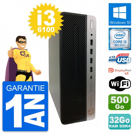 PC HP ProDesk 600 G3 SFF Intel i3-6100 RAM 32Go Disque Dur 500Go Windows 10 Wifi