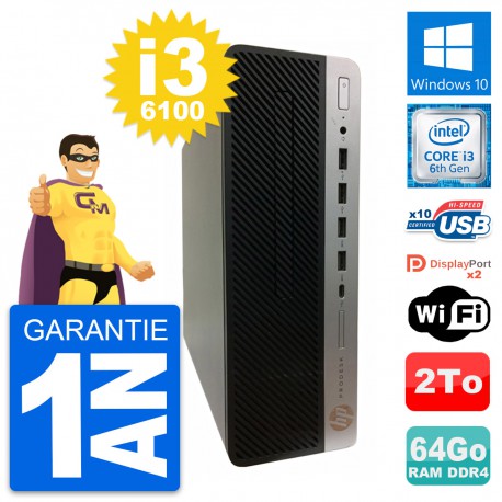PC HP ProDesk 600 G3 SFF Intel Core i3-6100 RAM 64Go Disque 2To Windows 10 Wifi