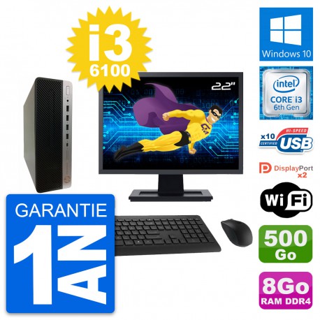 PC HP ProDesk 600 G3 SFF Ecran 22" i3-6100 RAM 8Go Disque 500Go Windows 10 Wifi