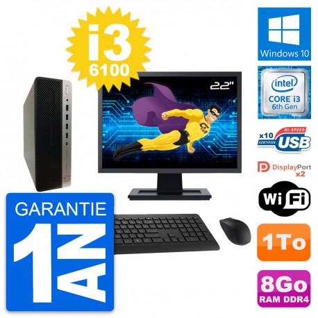 PC HP ProDesk 600 G3 SFF Ecran 22" i3-6100 RAM 8Go Disque 1To Windows 10 Wifi
