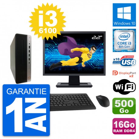 PC HP 600 G3 SFF Ecran 22" Intel i3-6100 RAM 16Go Disque 500Go Windows 10 Wifi