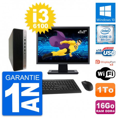 PC HP 600 G3 SFF Ecran 22" Intel i3-6100 RAM 16Go Disque Dur 1To Windows 10 Wifi