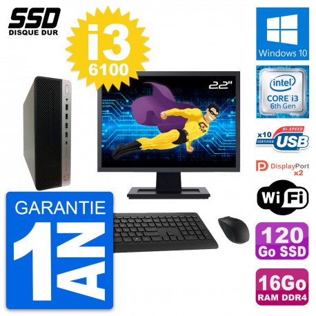 PC HP ProDesk 600 G3 SFF Ecran 22" i3-6100 RAM 16Go SSD 120Go Windows 10 Wifi