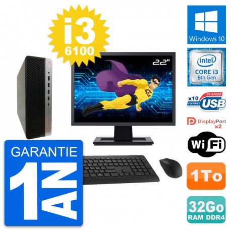 PC HP 600 G3 SFF Ecran 22" Intel i3-6100 RAM 32Go Disque Dur 1To Windows 10 Wifi