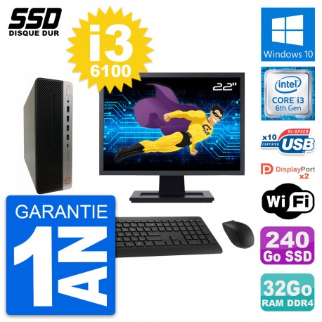 PC HP ProDesk 600 G3 SFF Ecran 22" i3-6100 RAM 32Go SSD 240Go Windows 10 Wifi