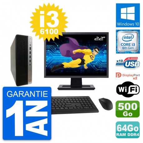 PC HP 600 G3 SFF Ecran 22" Intel i3-6100 RAM 64Go Disque 500Go Windows 10 Wifi