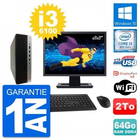 PC HP 600 G3 SFF Ecran 22" Intel i3-6100 RAM 64Go Disque Dur 2To Windows 10 Wifi