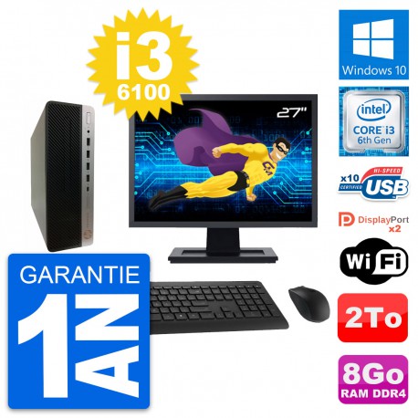 PC HP ProDesk 600 G3 SFF Ecran 27" i3-6100 RAM 8Go Disque 2To Windows 10 Wifi
