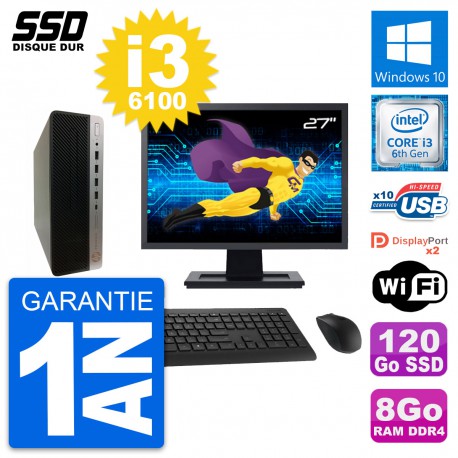 PC HP ProDesk 600 G3 SFF Ecran 27" i3-6100 RAM 8Go SSD 120Go Windows 10 Wifi